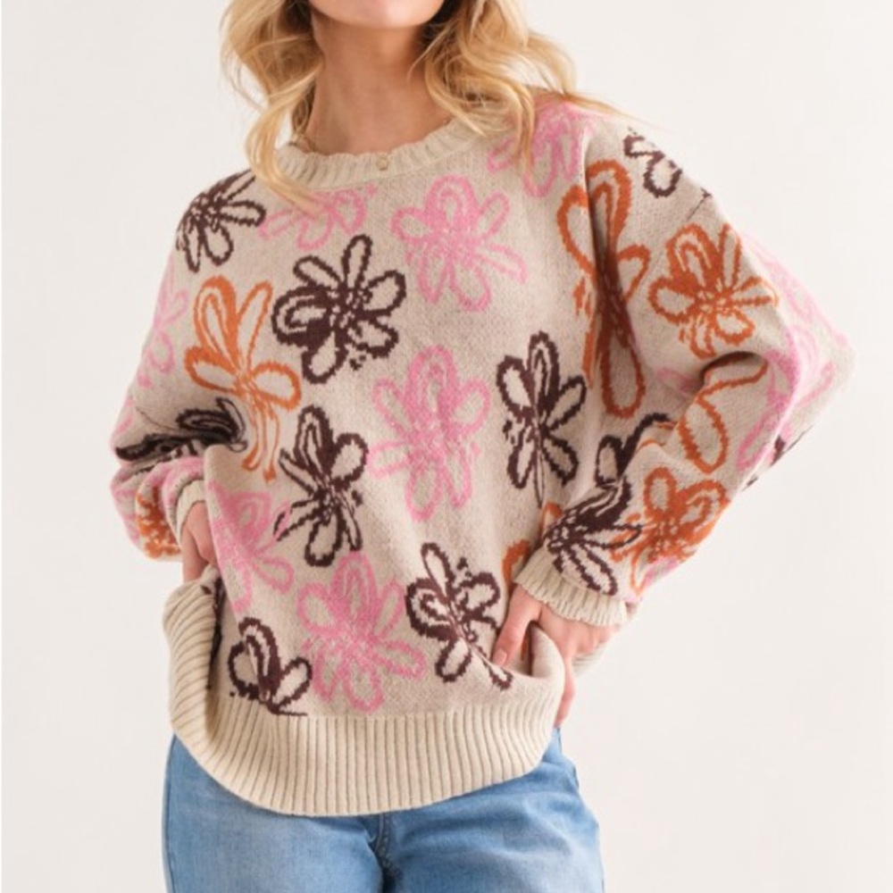 GUC Andthewhy Sweater Beige Floral Crewneck Sweater with Pink & Brown &  Rust